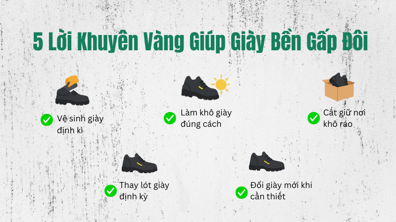 lời khuyên vàng, được đúc kết từ kinh nghiệm thực tiễn và kiến thức chuyên môn, giúp bạn chăm sóc và bảo quản giày bảo hộ một cách hiệu quả nhất.