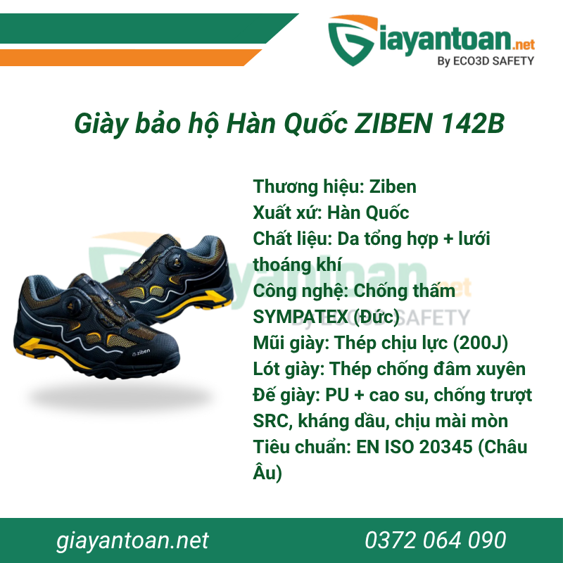 Giày bảo hộ Ziben 142B Hàn Quốc chống thấm, mũi thép, đế chống trượt SRC – Giày bảo hộ chính hãng.