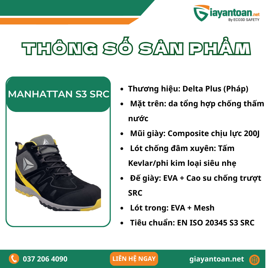 Thông số kỹ thuật của Giày Bảo Hộ Delta Plus MANHATTAN S3 SRC