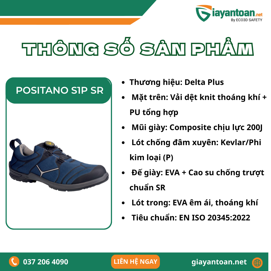 Thông số kỹ thuật của Giày Bảo Hộ Delta Plus POSITANO S1P SR