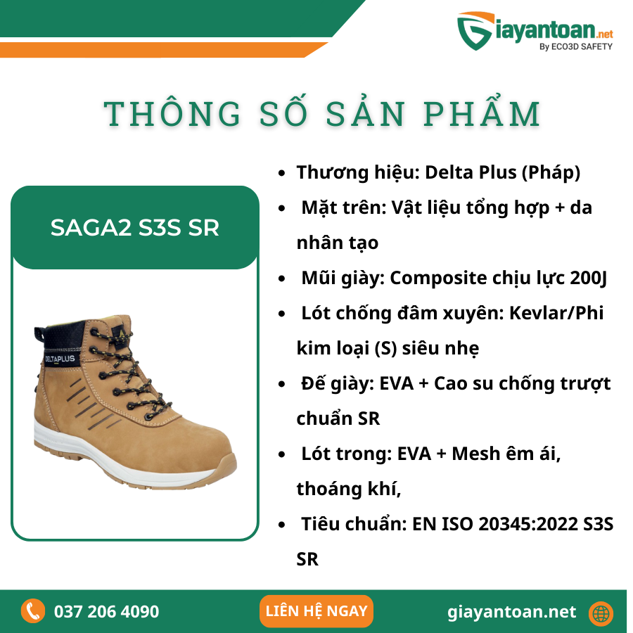 Thông số kỹ thuật của Giày Bảo Hộ Delta Plus SAGA2 S3S SR