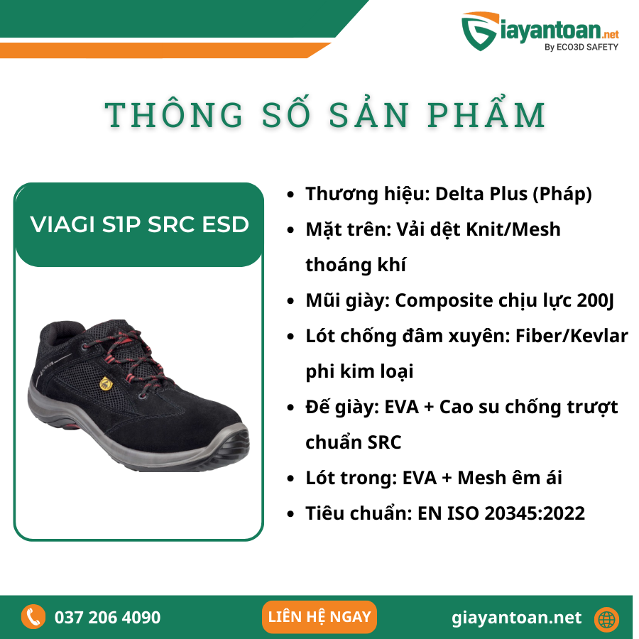 Thông số kỹ thuật của Giày Bảo Hộ Delta Plus VIAGI S1P SRC ESD
